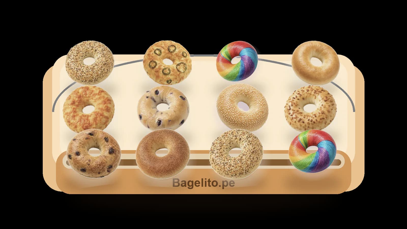 Twelve mixed handmade Bagelito bagels in a tray